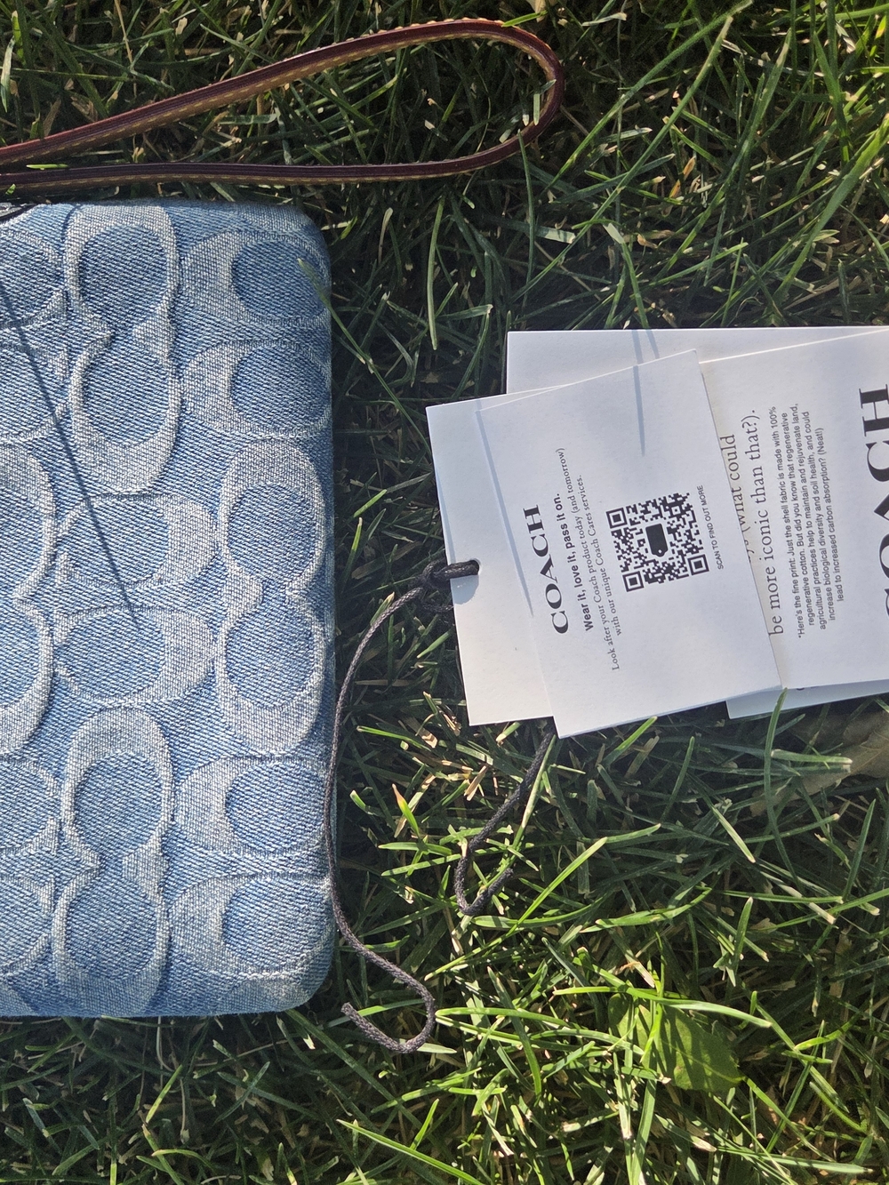 Coach Denim Signature Wristlet in Blue and Tan